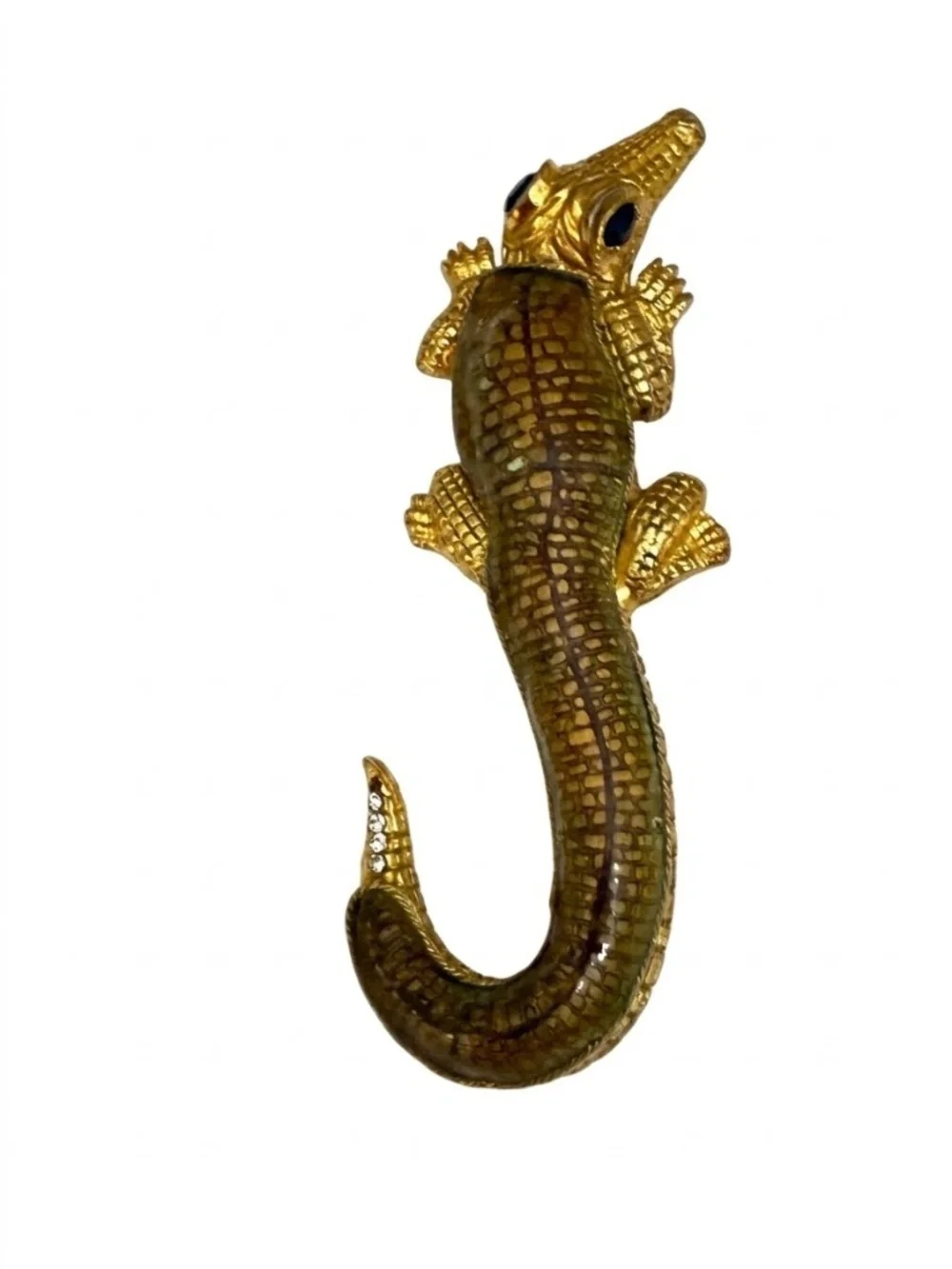 St. John Vintage 90s Gold Textured Alligator Brooch Pin Jewel Eyes